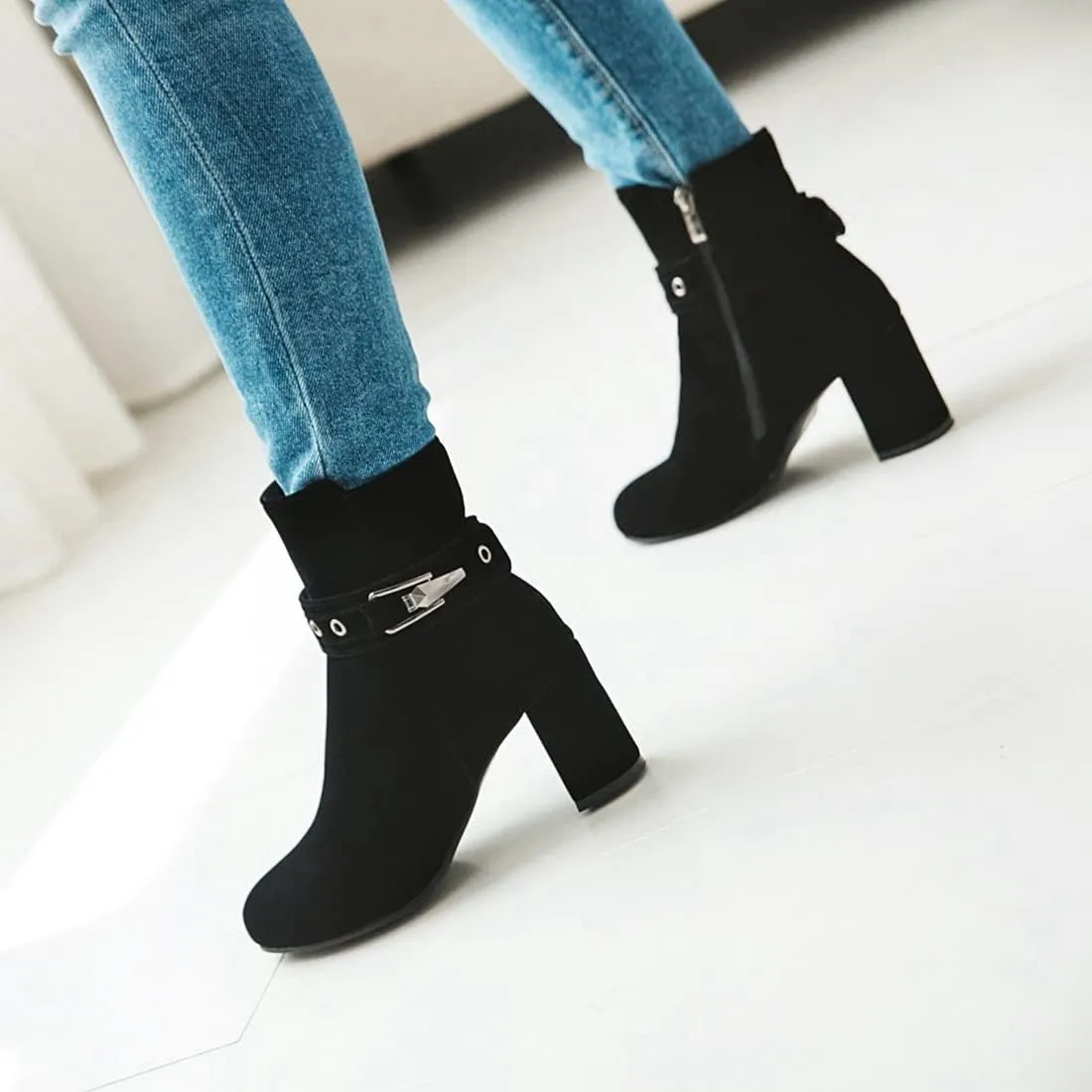 VOKLIN Women's Round Toe Elegant Dressy Ankle Booties Suede Zipper Chunky Block High Heel Dress Short Boots