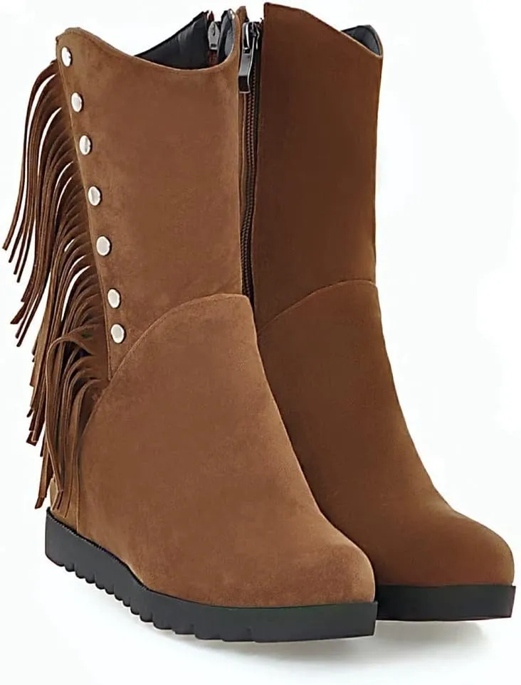 VOKLIN Women's Round Toe Fringed Dress Ankle Boots Hidden Wedge High Heel Side Zipper Tassels Short Booties