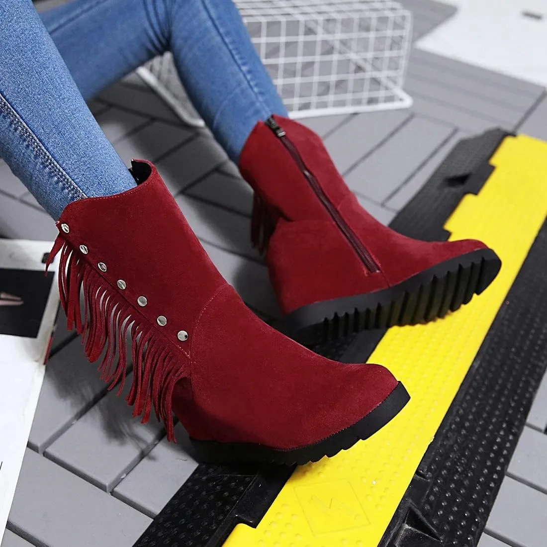 VOKLIN Women's Round Toe Fringed Dress Ankle Boots Hidden Wedge High Heel Side Zipper Tassels Short Booties
