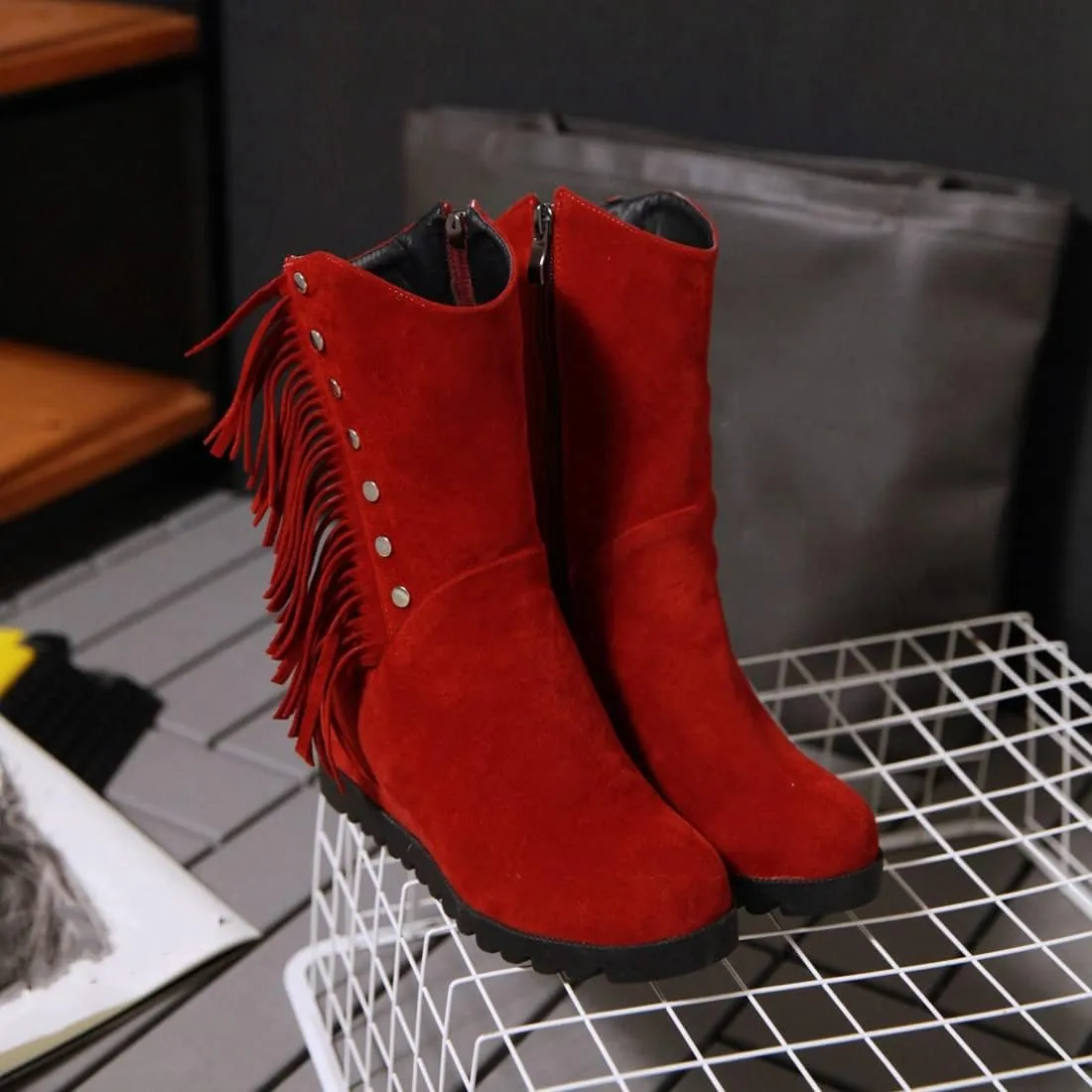 VOKLIN Women's Round Toe Fringed Dress Ankle Boots Hidden Wedge High Heel Side Zipper Tassels Short Booties