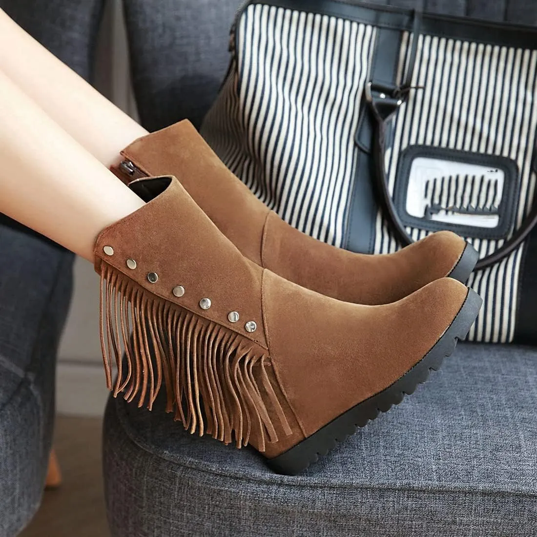VOKLIN Women's Round Toe Fringed Dress Ankle Boots Hidden Wedge High Heel Side Zipper Tassels Short Booties