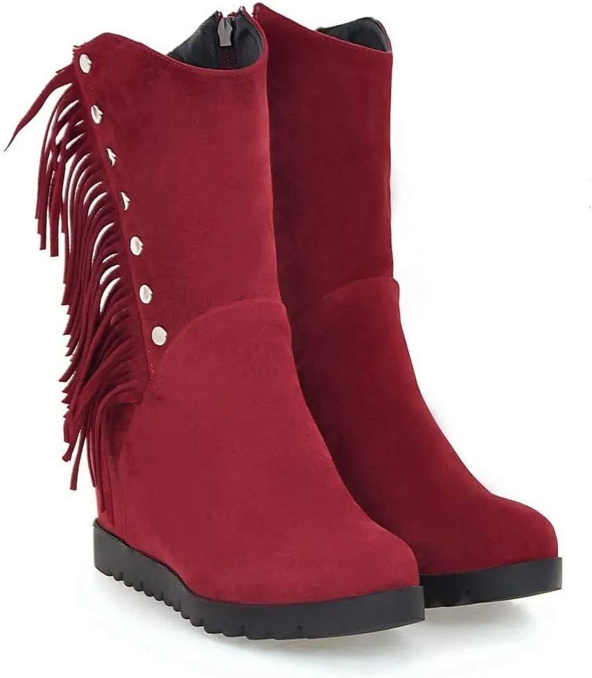 VOKLIN Women's Round Toe Fringed Dress Ankle Boots Hidden Wedge High Heel Side Zipper Tassels Short Booties