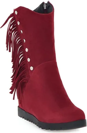 VOKLIN Women's Round Toe Fringed Dress Ankle Boots Hidden Wedge High Heel Side Zipper Tassels Short Booties