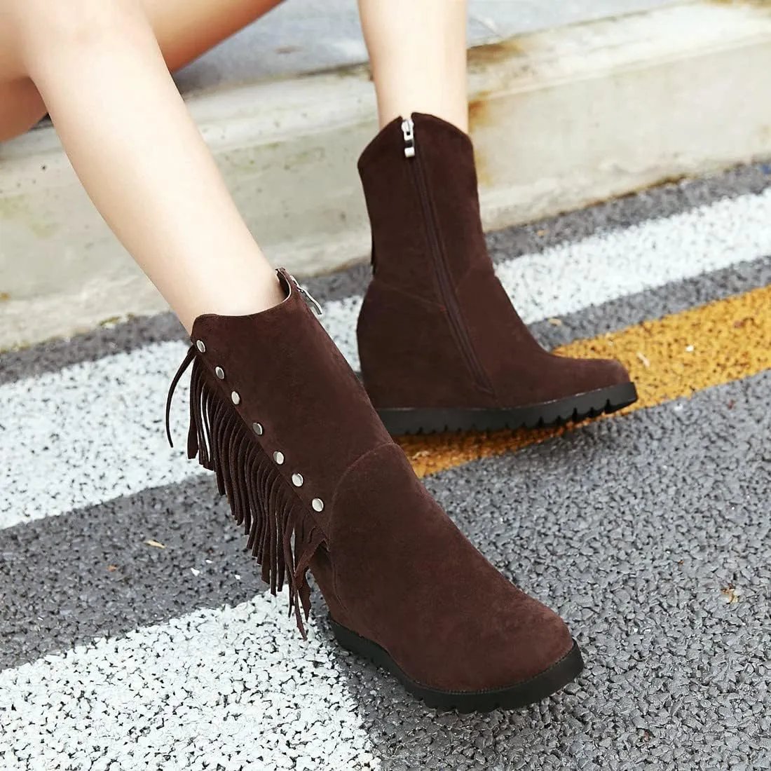 VOKLIN Women's Round Toe Fringed Dress Ankle Boots Hidden Wedge High Heel Side Zipper Tassels Short Booties