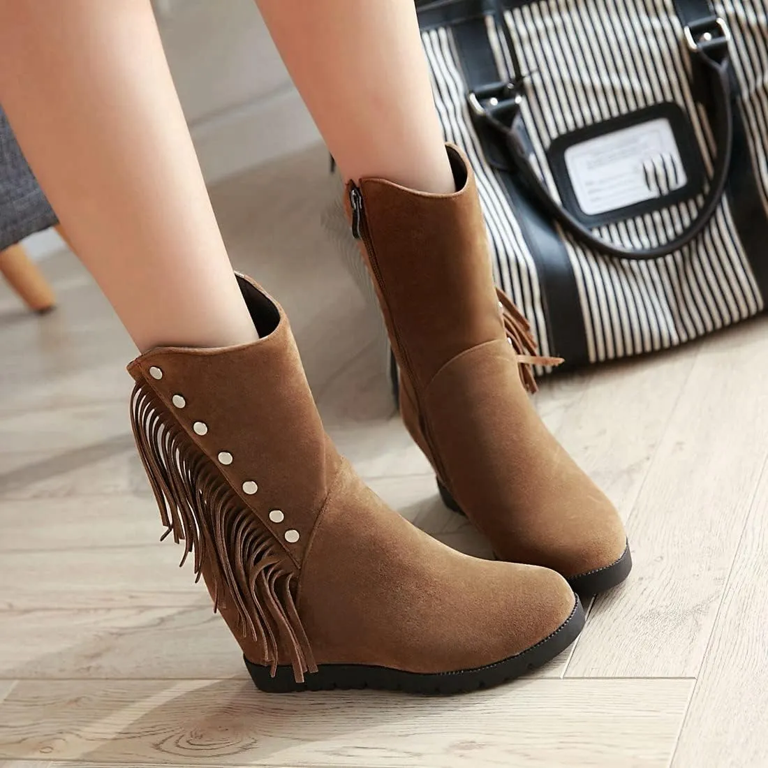 VOKLIN Women's Round Toe Fringed Dress Ankle Boots Hidden Wedge High Heel Side Zipper Tassels Short Booties