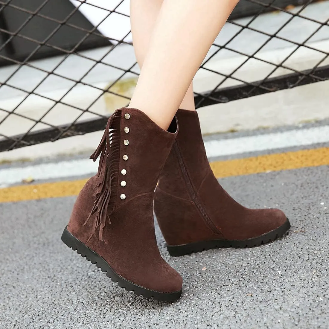 VOKLIN Women's Round Toe Fringed Dress Ankle Boots Hidden Wedge High Heel Side Zipper Tassels Short Booties