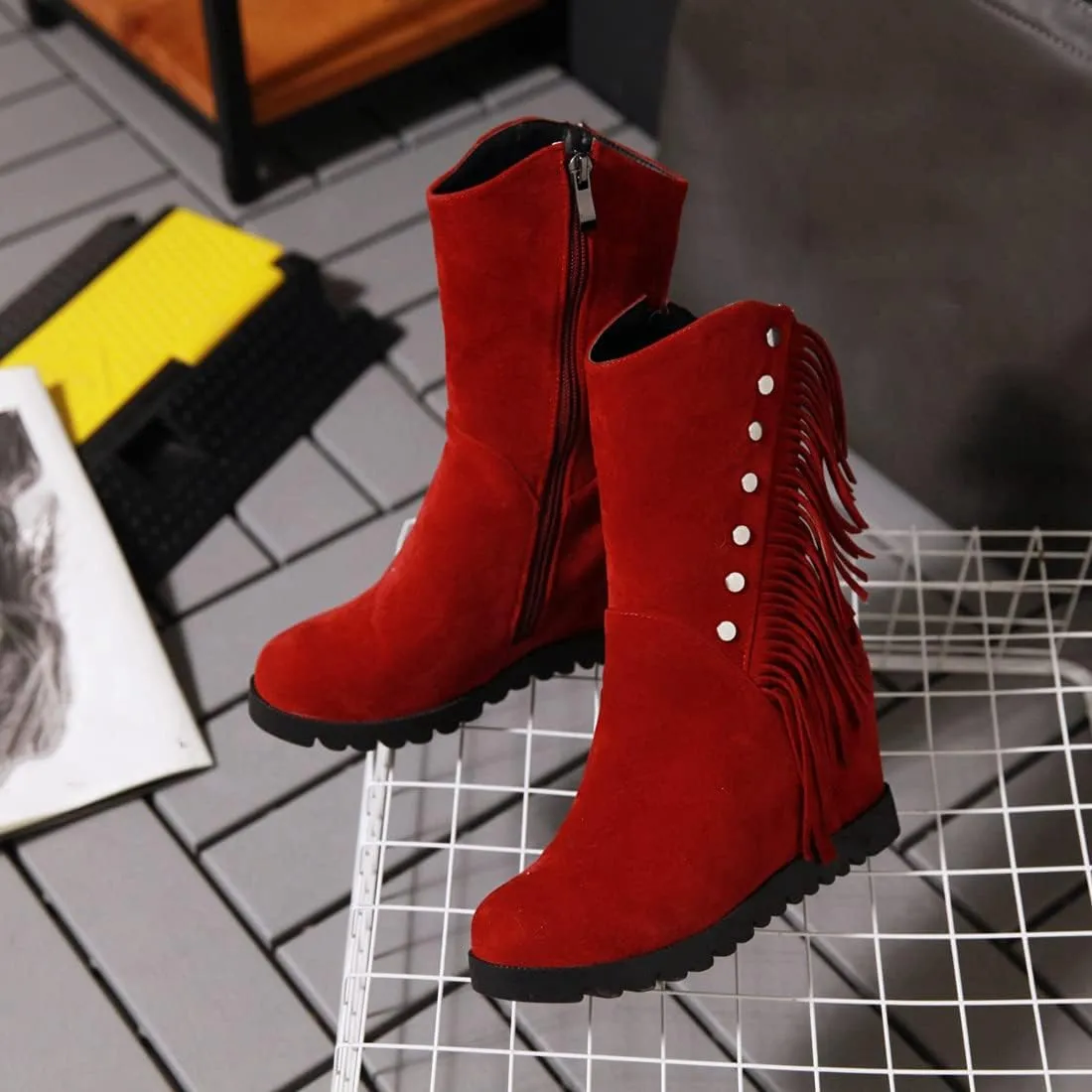 VOKLIN Women's Round Toe Fringed Dress Ankle Boots Hidden Wedge High Heel Side Zipper Tassels Short Booties