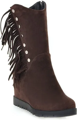 VOKLIN Women's Round Toe Fringed Dress Ankle Boots Hidden Wedge High Heel Side Zipper Tassels Short Booties