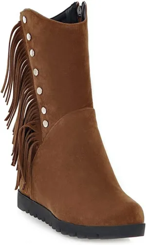 VOKLIN Women's Round Toe Fringed Dress Ankle Boots Hidden Wedge High Heel Side Zipper Tassels Short Booties