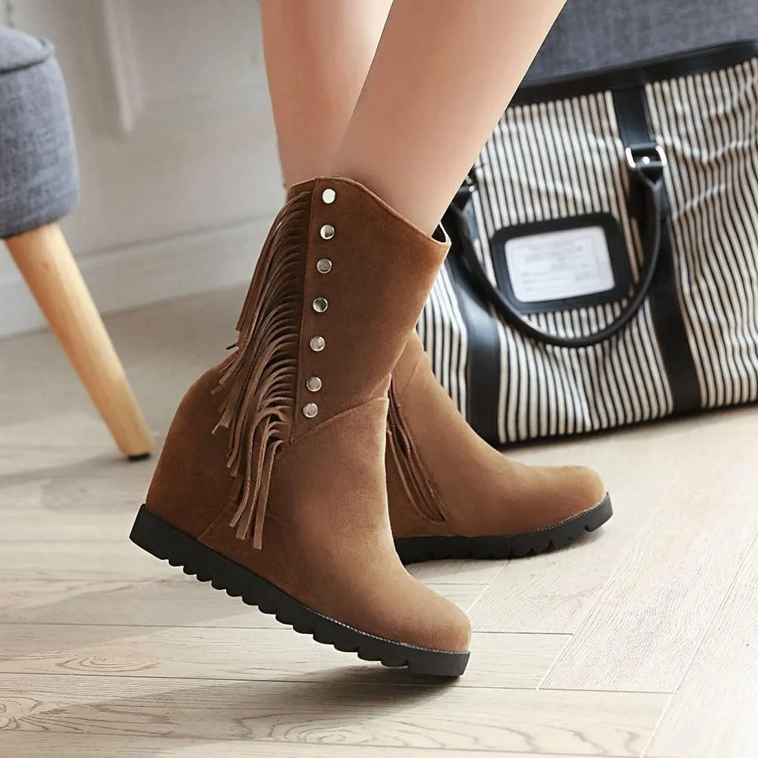 VOKLIN Women's Round Toe Fringed Dress Ankle Boots Hidden Wedge High Heel Side Zipper Tassels Short Booties