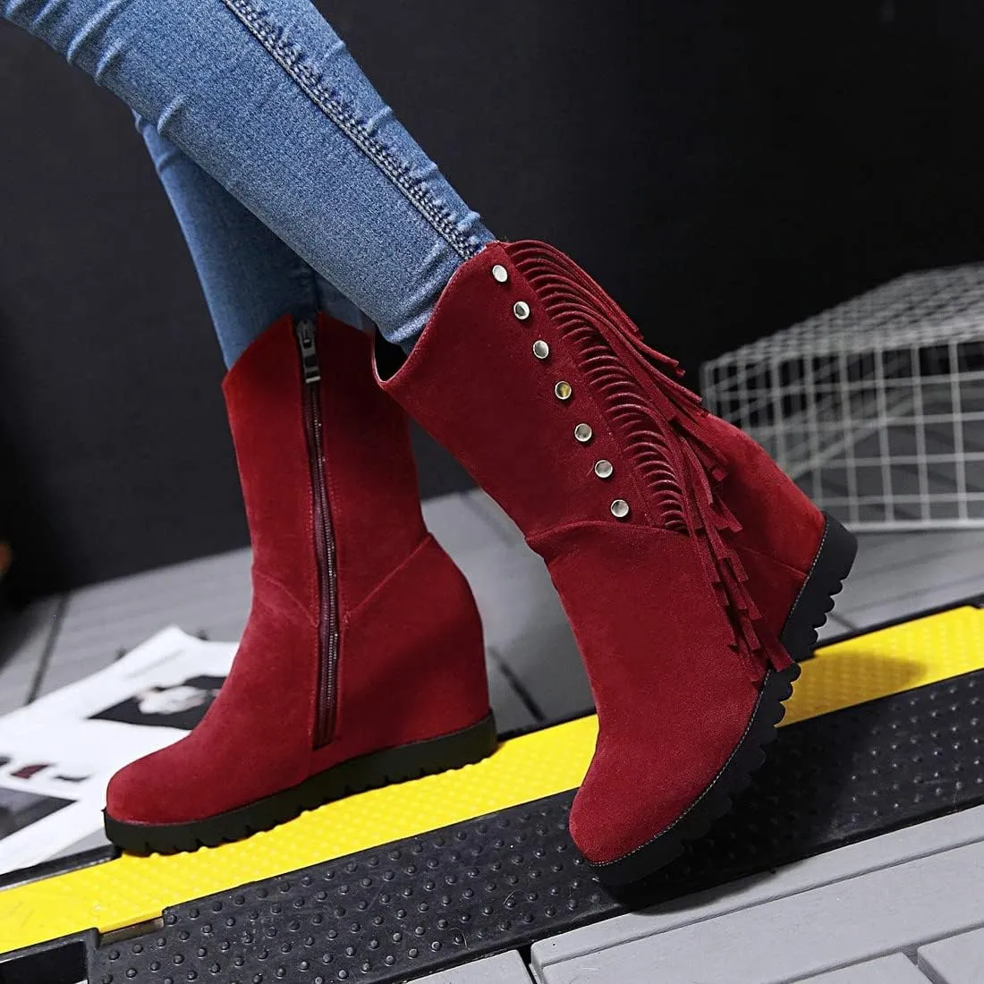 VOKLIN Women's Round Toe Fringed Dress Ankle Boots Hidden Wedge High Heel Side Zipper Tassels Short Booties