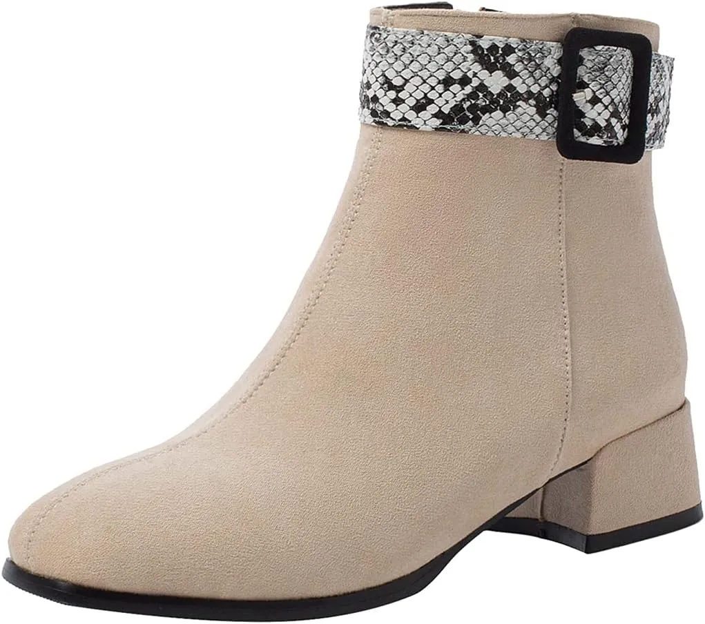 VOKLIN Women's Square Toe Western Dressy Ankle Booties Vegan Suede Buckle Zipper Low Heel Dress Short Boots