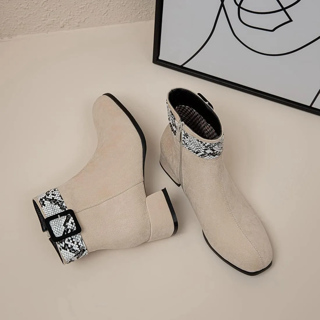 VOKLIN Women's Square Toe Western Dressy Ankle Booties Vegan Suede Buckle Zipper Low Heel Dress Short Boots