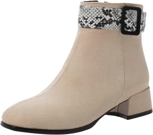 VOKLIN Women's Square Toe Western Dressy Ankle Booties Vegan Suede Buckle Zipper Low Heel Dress Short Boots