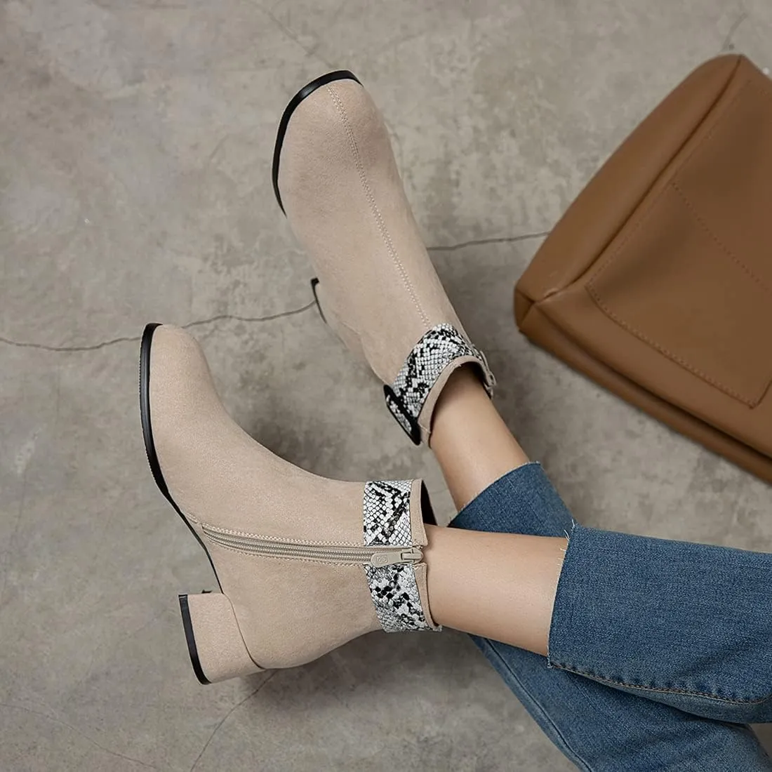 VOKLIN Women's Square Toe Western Dressy Ankle Booties Vegan Suede Buckle Zipper Low Heel Dress Short Boots