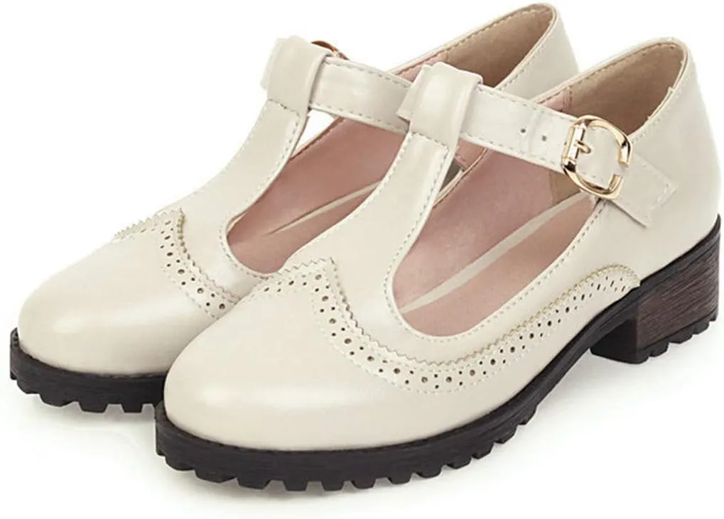 VOKLIN Women's Vintage T-Strap Mary Jane Pumps Round Toe Platform Chunky Low Heel Brogues Oxford Dress Shoes