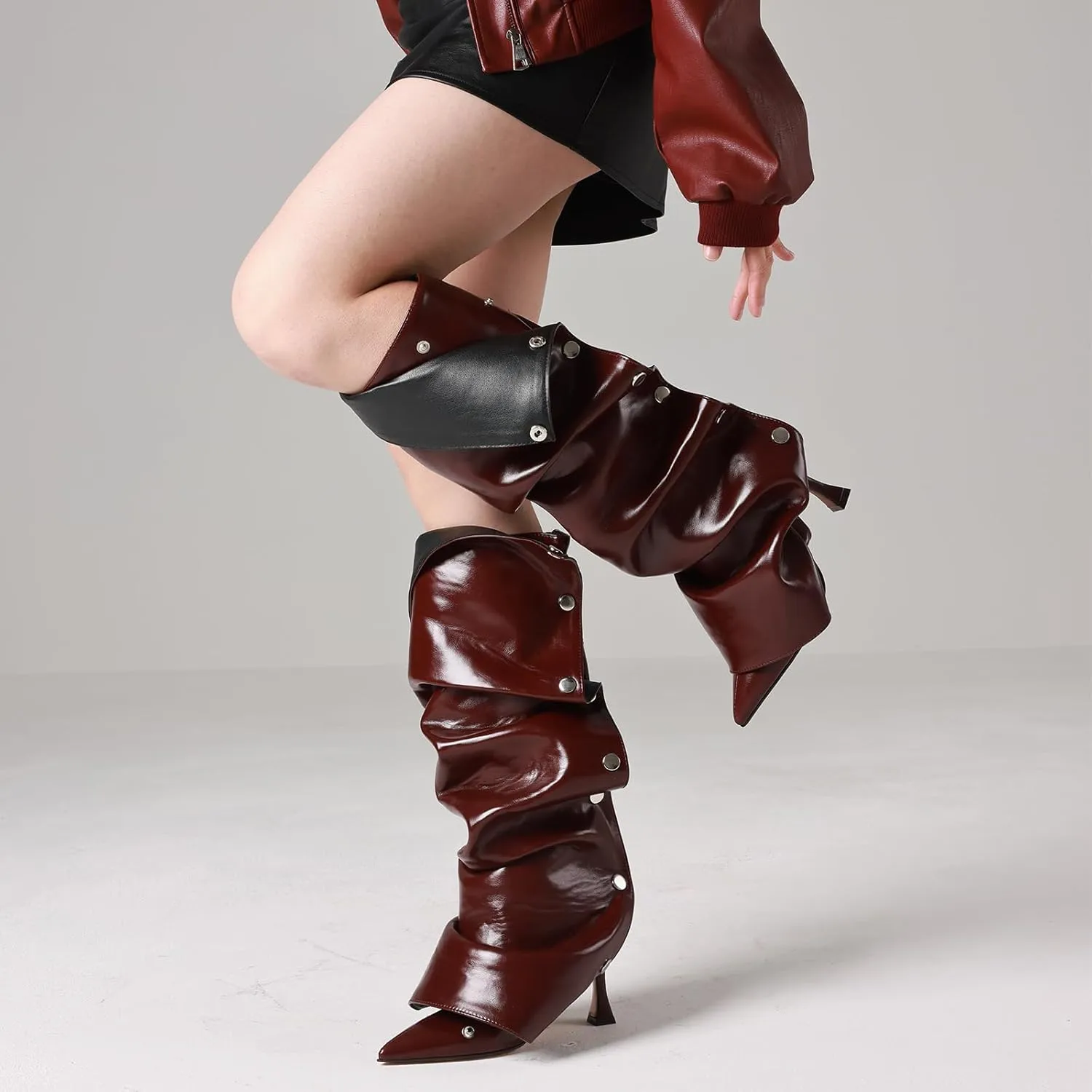 VOMIRA Women's Knee High Boots Stiletto Boots Pointed Toe High Heels Wide Calf Ruched Slouchy Boots Detachable Snap-off Panel Mid Calf Boots Black Boots