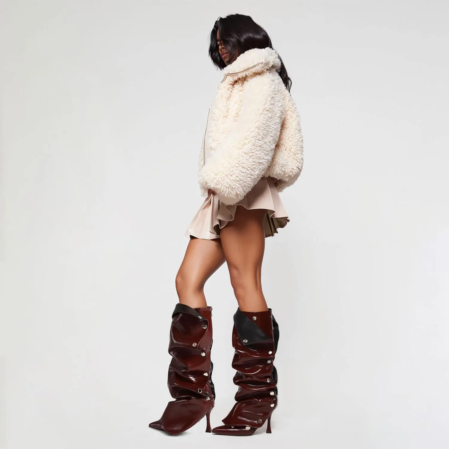 VOMIRA Women's Knee High Boots Stiletto Boots Pointed Toe High Heels Wide Calf Ruched Slouchy Boots Detachable Snap-off Panel Mid Calf Boots Black Boots