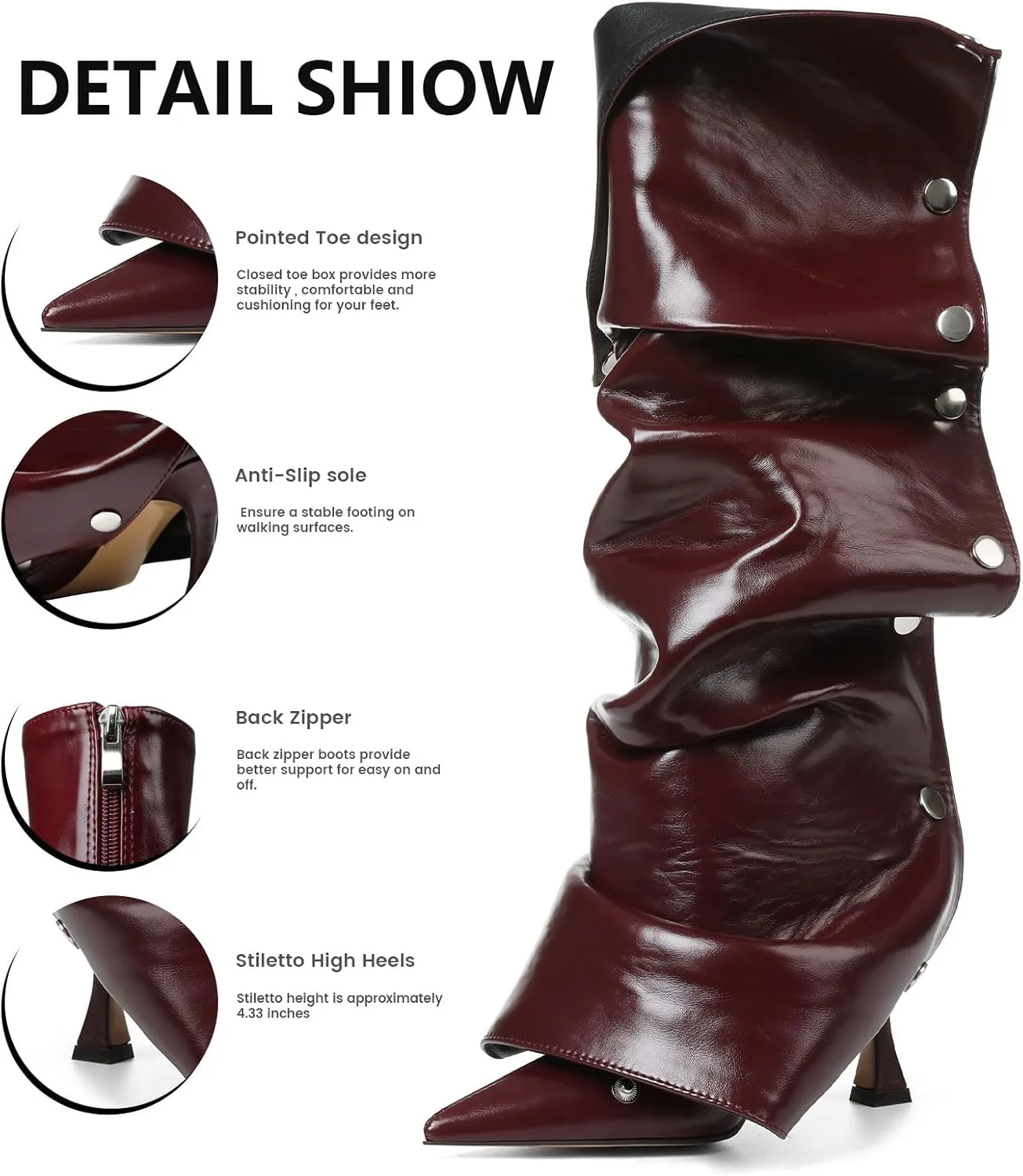 VOMIRA Women's Knee High Boots Stiletto Boots Pointed Toe High Heels Wide Calf Ruched Slouchy Boots Detachable Snap-off Panel Mid Calf Boots Black Boots