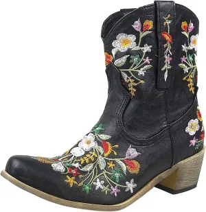 Wide Calf Cowboy Boots Cowgirl Booties for Women Embroidered Chunky Heel Pointed Toe Western Boots Pull On Boots