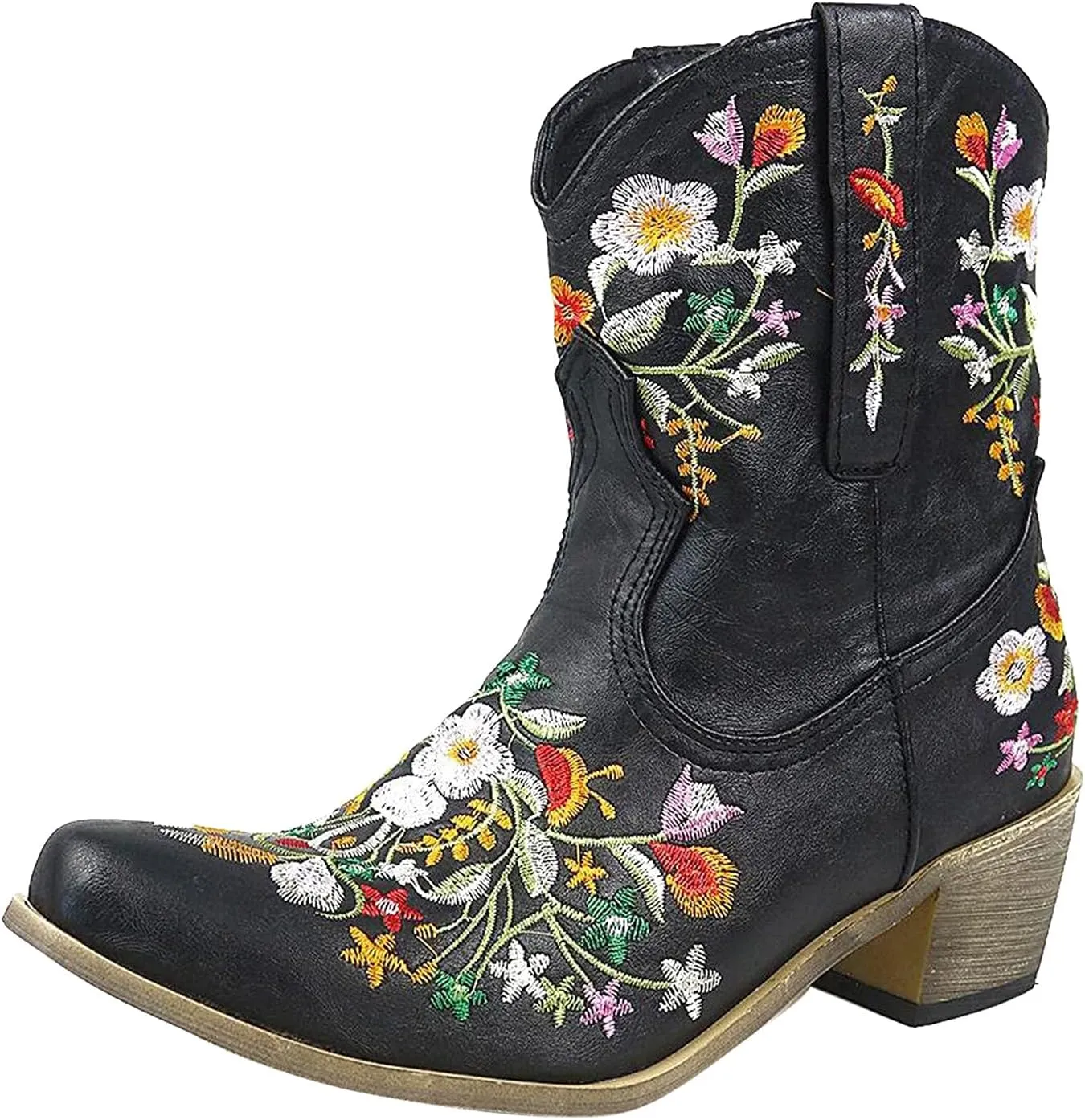 Wide Calf Cowboy Boots Cowgirl Booties for Women Embroidered Chunky Heel Pointed Toe Western Boots Pull On Boots