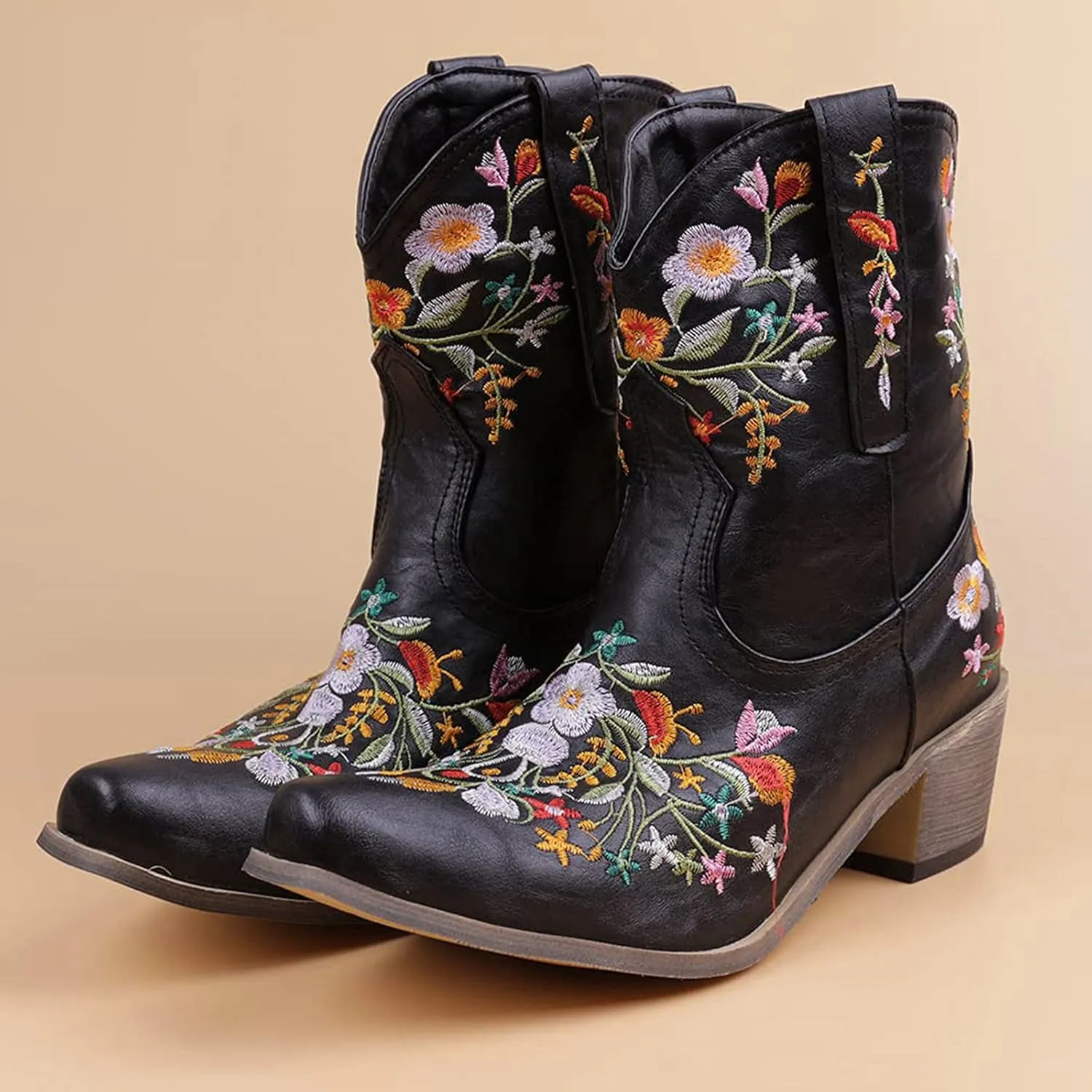 Wide Calf Cowboy Boots Cowgirl Booties for Women Embroidered Chunky Heel Pointed Toe Western Boots Pull On Boots