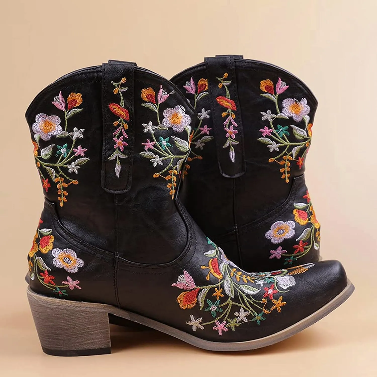 Wide Calf Cowboy Boots Cowgirl Booties for Women Embroidered Chunky Heel Pointed Toe Western Boots Pull On Boots