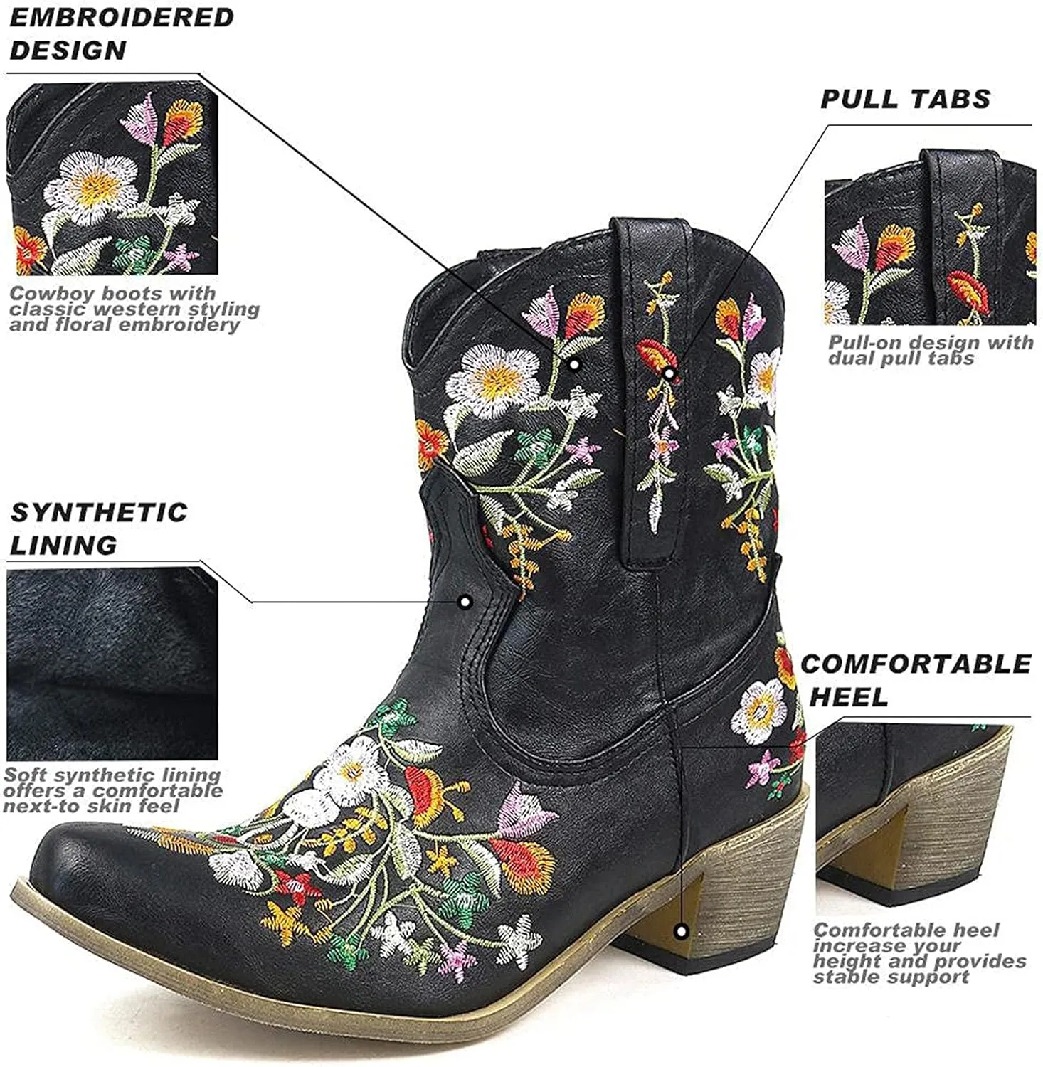 Wide Calf Cowboy Boots Cowgirl Booties for Women Embroidered Chunky Heel Pointed Toe Western Boots Pull On Boots