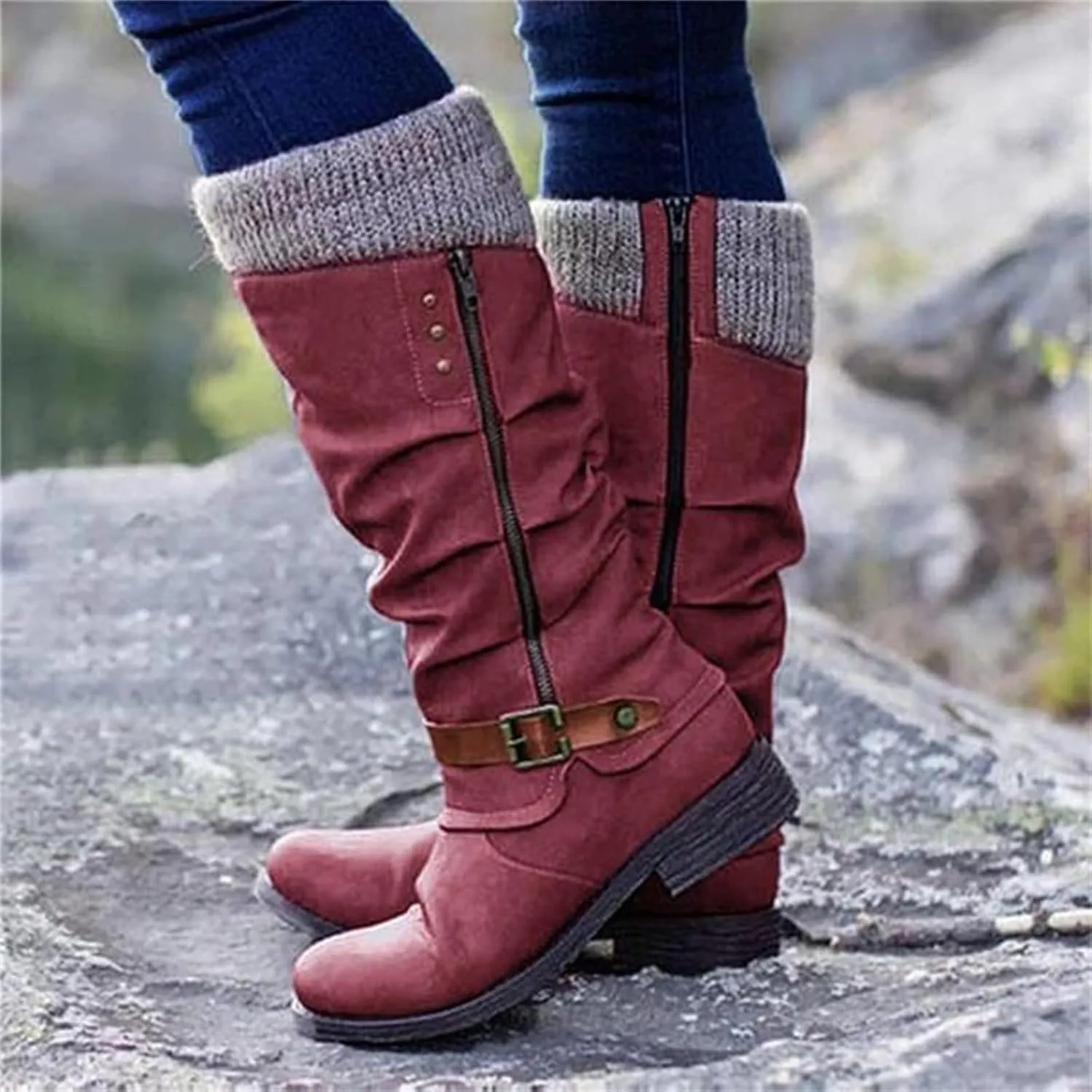 Winter Boots For Women 2022 Trendy Combat Boots Lace up Mid Calf Low Heel Chunky Platform Side Zipper Military Warm Boot