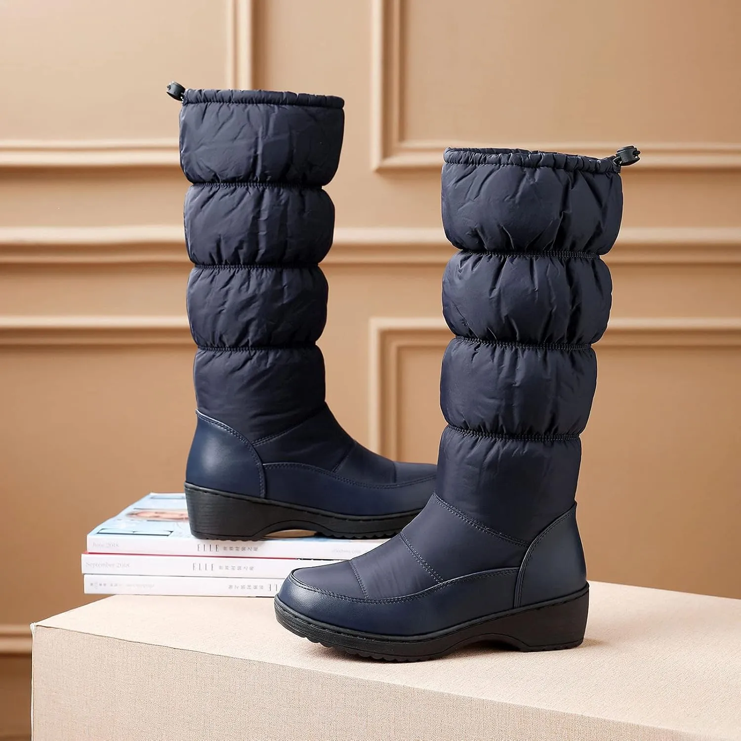 wodceeke Women's Fold Down Knee High Boots Fur Lined Platform Winter Snow Boots Outdoor Waterproof Boots