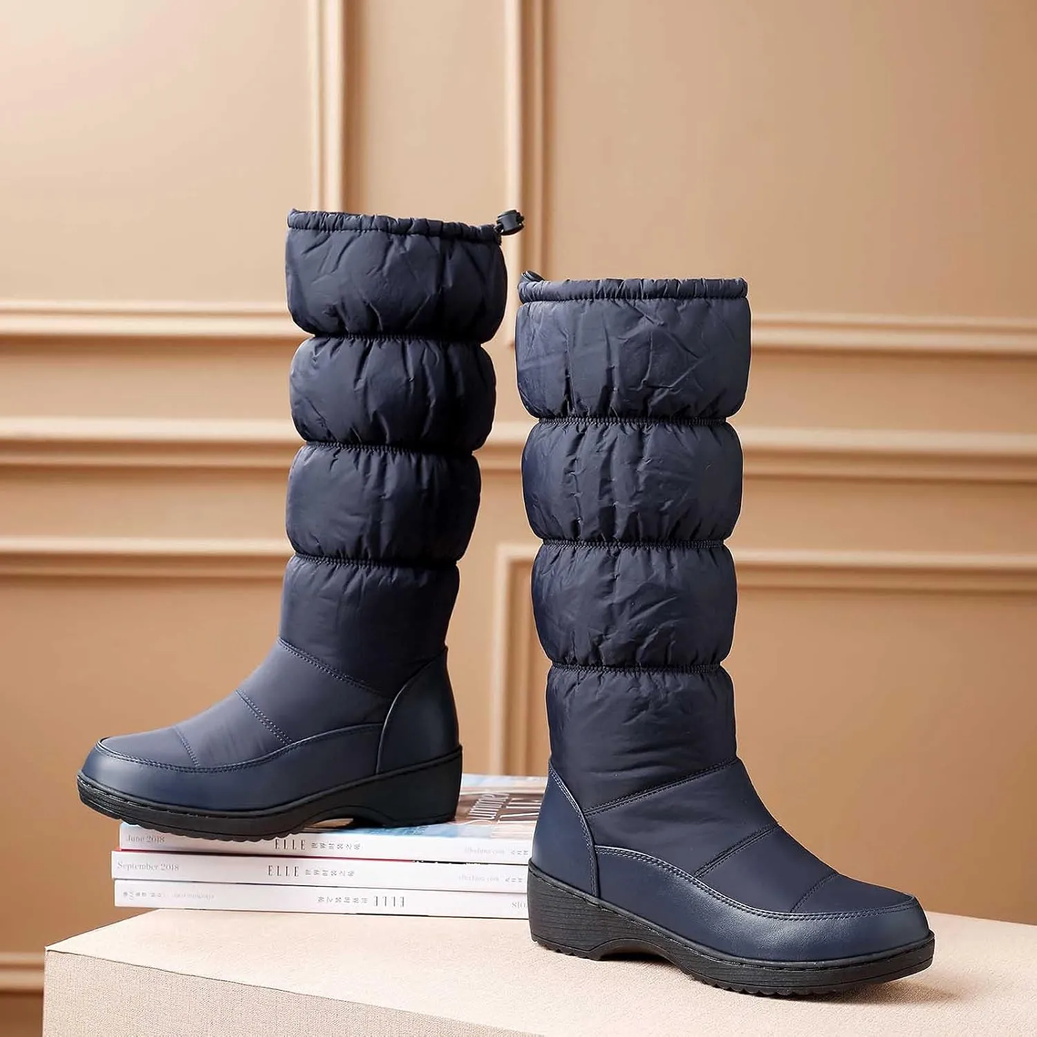 wodceeke Women's Fold Down Knee High Boots Fur Lined Platform Winter Snow Boots Outdoor Waterproof Boots