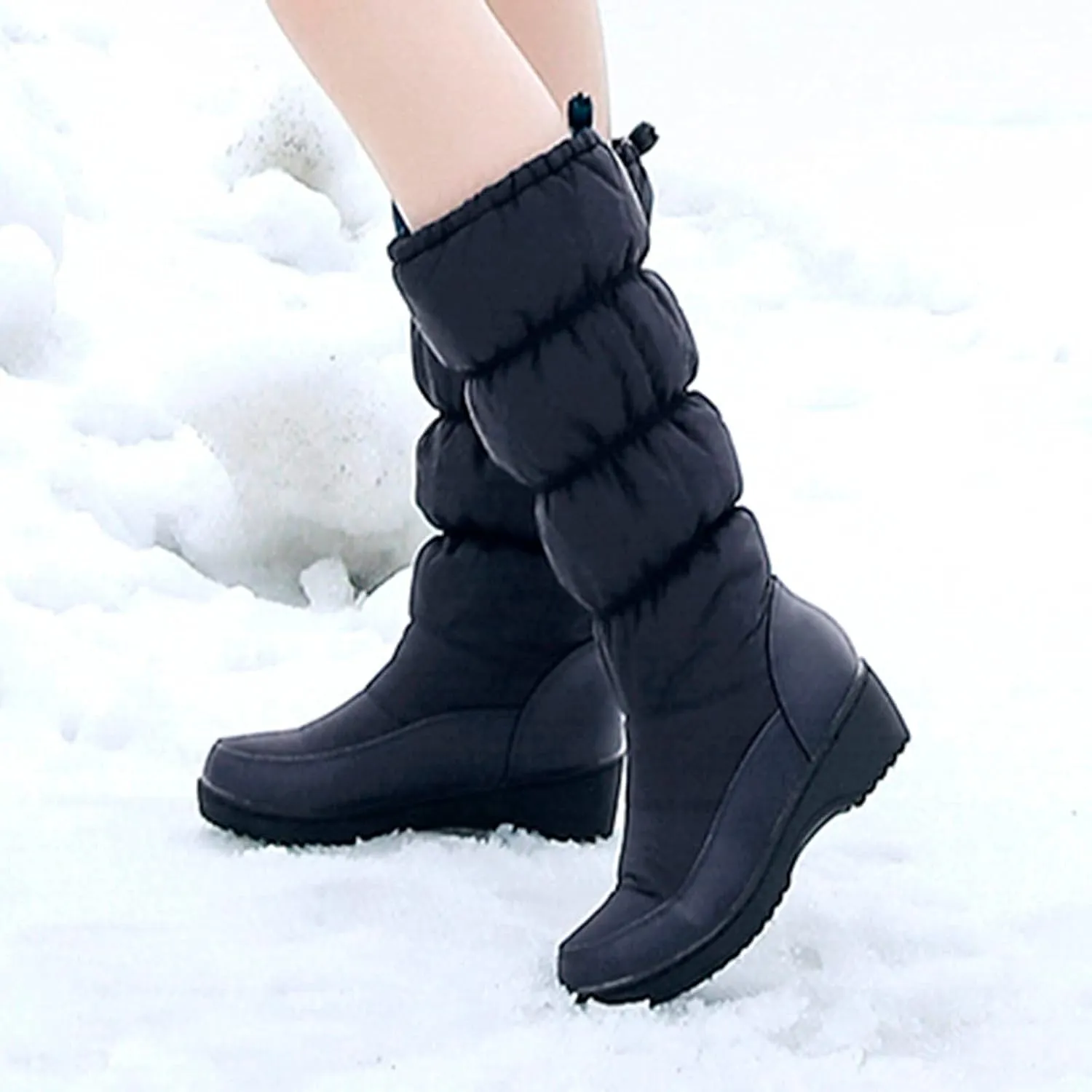 wodceeke Women's Fold Down Knee High Boots Fur Lined Platform Winter Snow Boots Outdoor Waterproof Boots