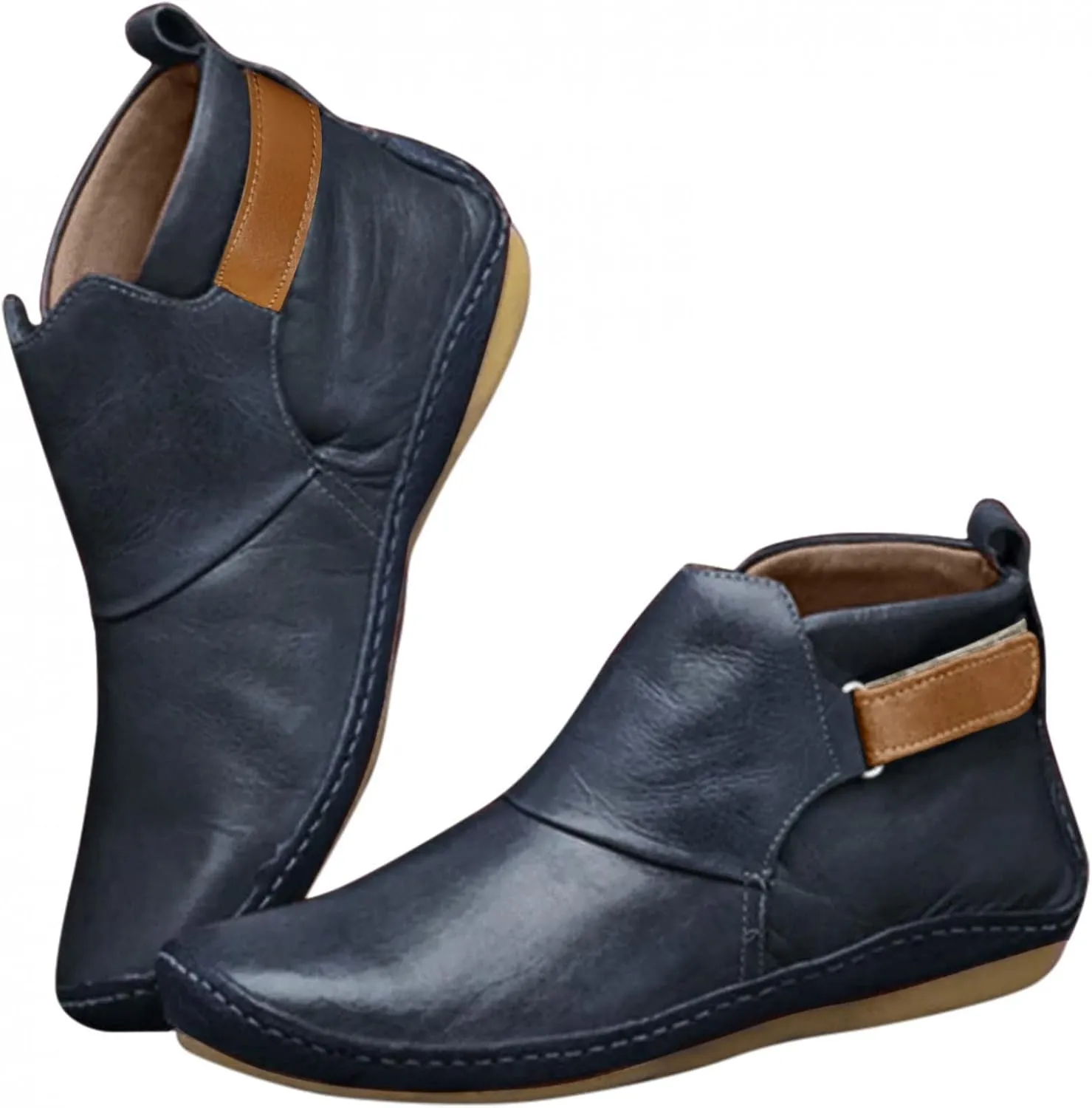 Women Boots No Heel 2022 New Arch Support Boots Side Zipper Vintage Leather Damping Shoes Flat Heel Booties