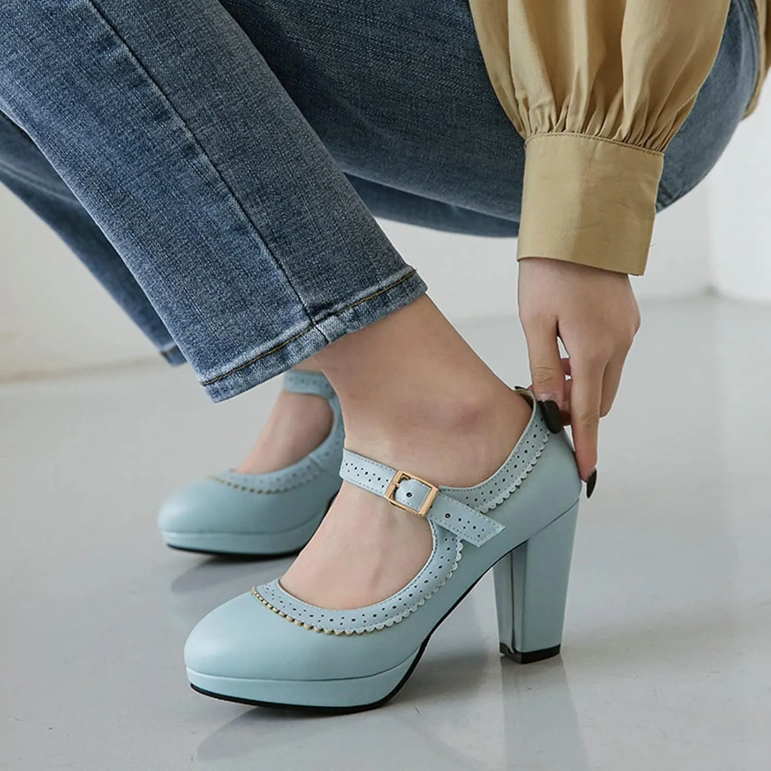 Women Chunky High Heel Mary Janes Pumps Platform Round Toe Buckle Ankle Strap Dress Oxford Shoes