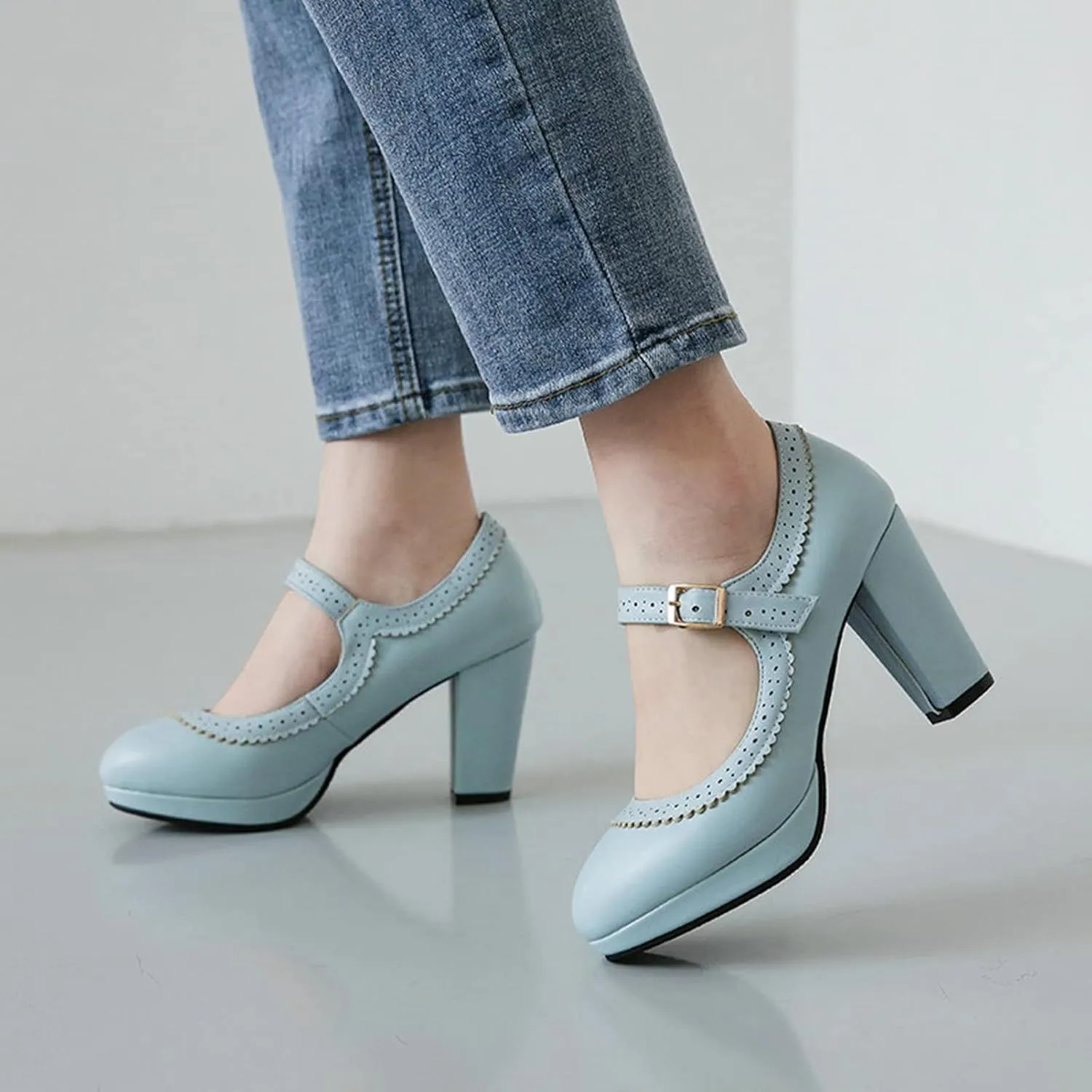 Women Chunky High Heel Mary Janes Pumps Platform Round Toe Buckle Ankle Strap Dress Oxford Shoes