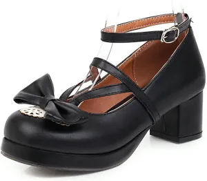 Women Chunky Mid Heel Dress Pumps Platform PU Leather Fashion Ankle Strap Round Toe Lolita Shoes