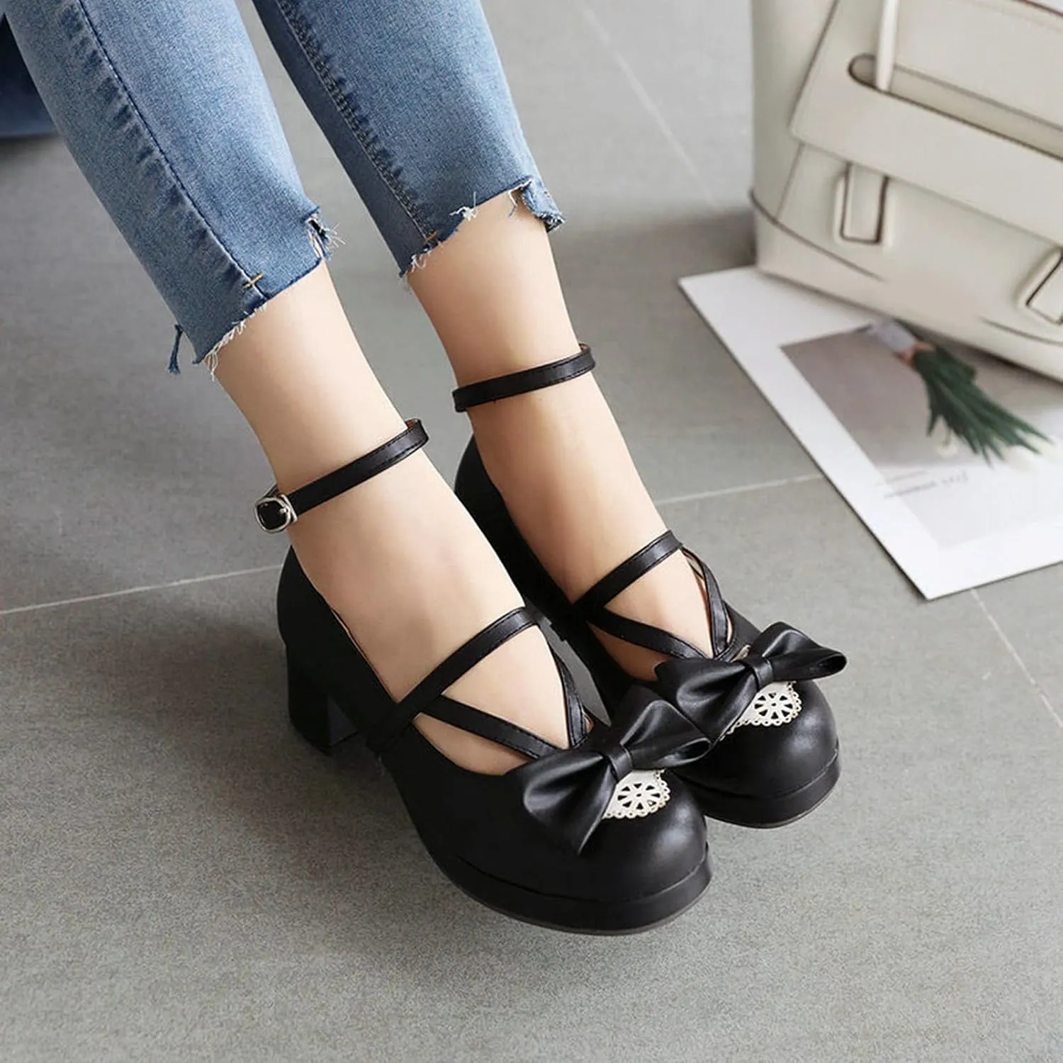 Women Chunky Mid Heel Dress Pumps Platform PU Leather Fashion Ankle Strap Round Toe Lolita Shoes
