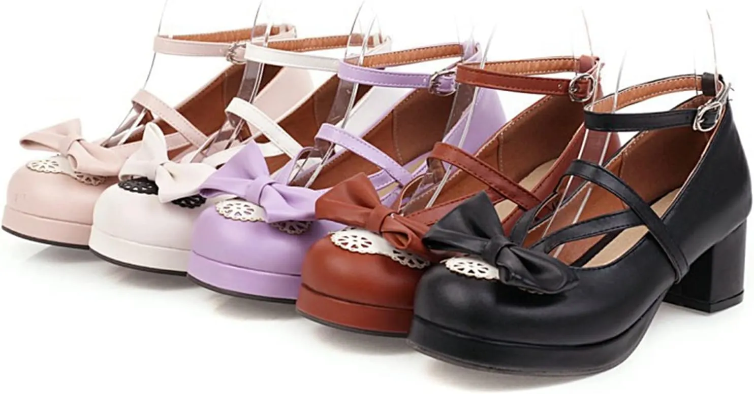 Women Chunky Mid Heel Dress Pumps Platform PU Leather Fashion Ankle Strap Round Toe Lolita Shoes