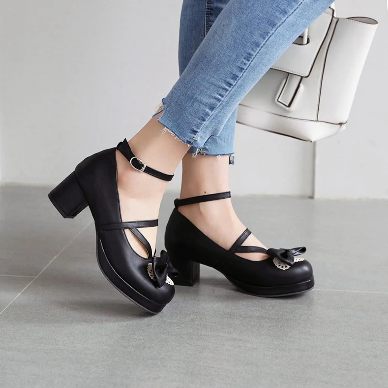 Women Chunky Mid Heel Dress Pumps Platform PU Leather Fashion Ankle Strap Round Toe Lolita Shoes