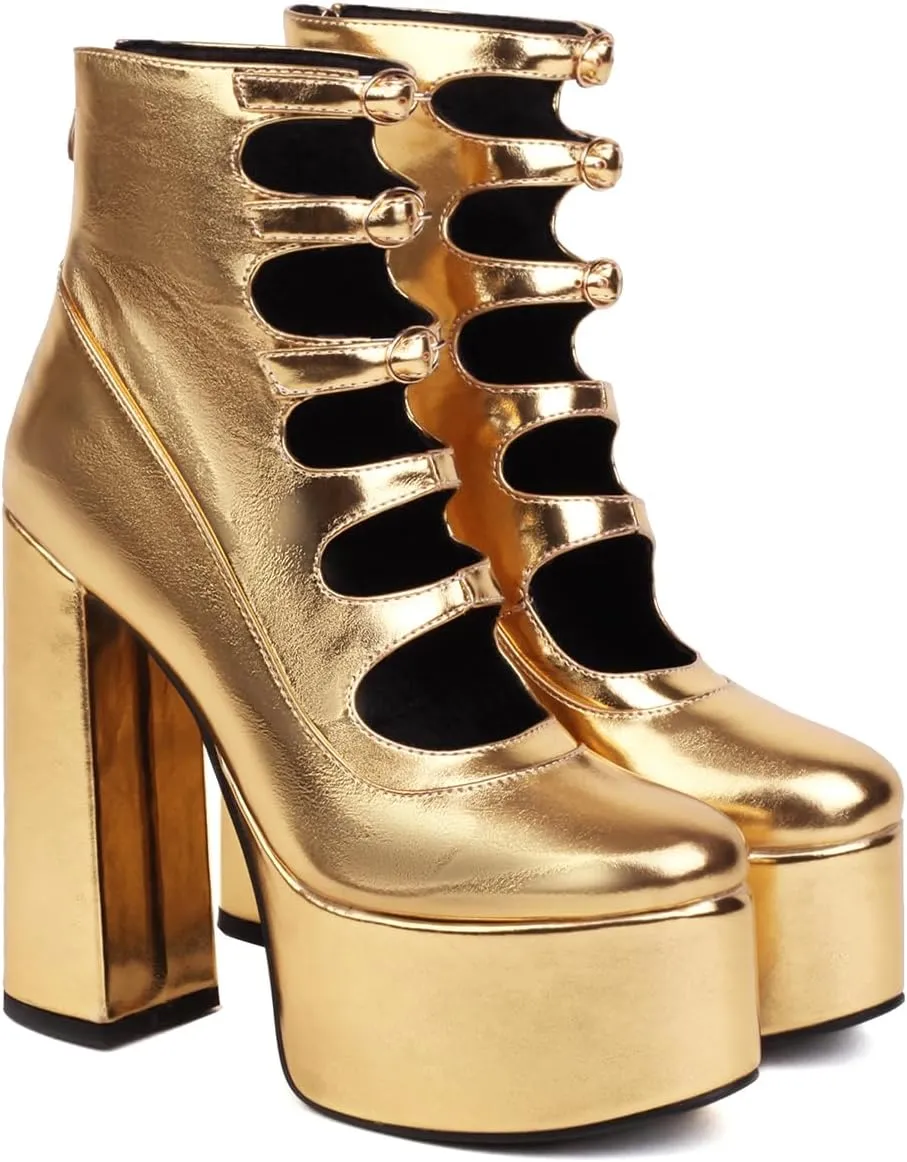 Women Fancy Vegan Leather Platform Chunky Block High Heel Pumps Round Toe Strappy Ankle Boots with Back Zip