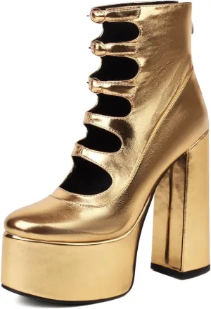 Women Fancy Vegan Leather Platform Chunky Block High Heel Pumps Round Toe Strappy Ankle Boots with Back Zip