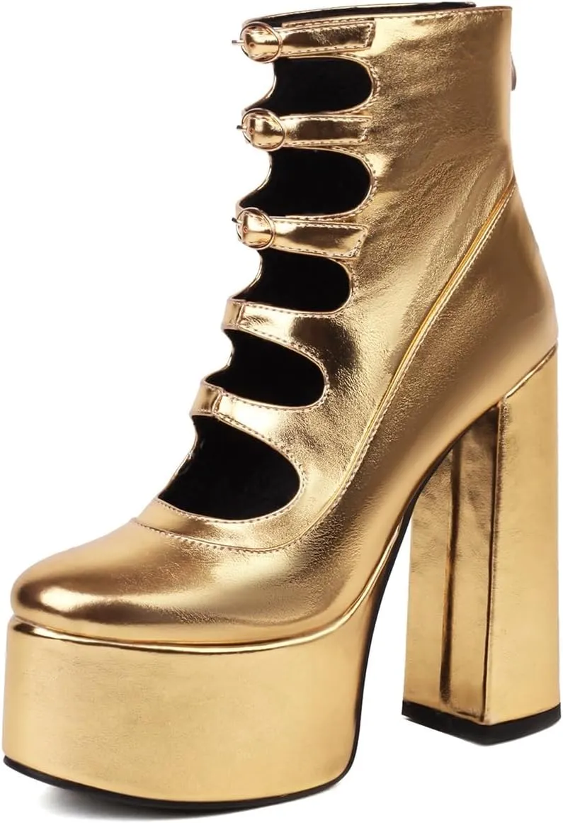 Women Fancy Vegan Leather Platform Chunky Block High Heel Pumps Round Toe Strappy Ankle Boots with Back Zip