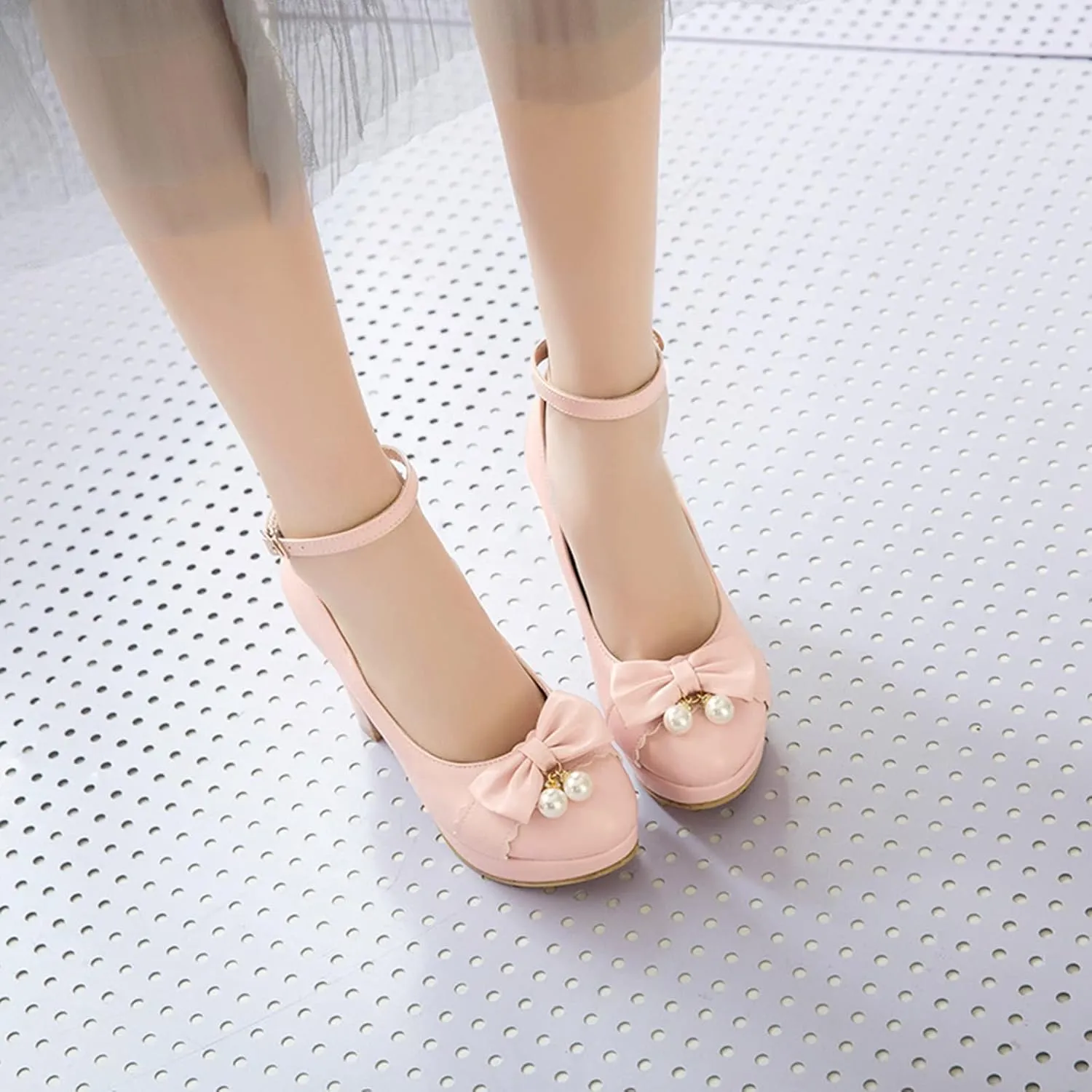 Women Fashion Round Toe Pumps Platform High Heels Ankle Buckle Strap Chunky Heeled Bow Dress Shoes