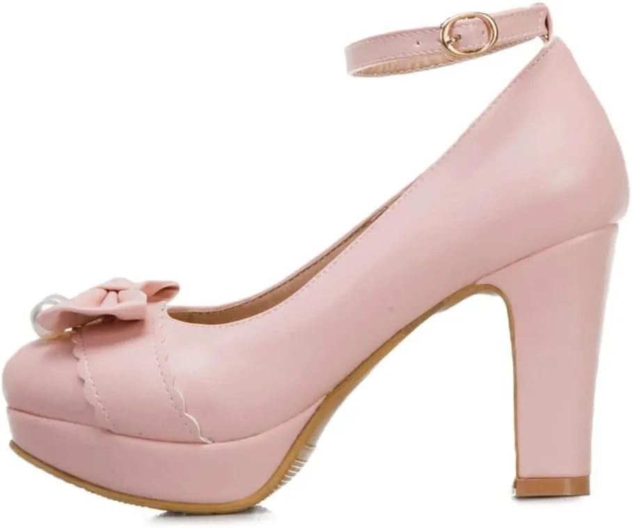 Women Fashion Round Toe Pumps Platform High Heels Ankle Buckle Strap Chunky Heeled Bow Dress Shoes