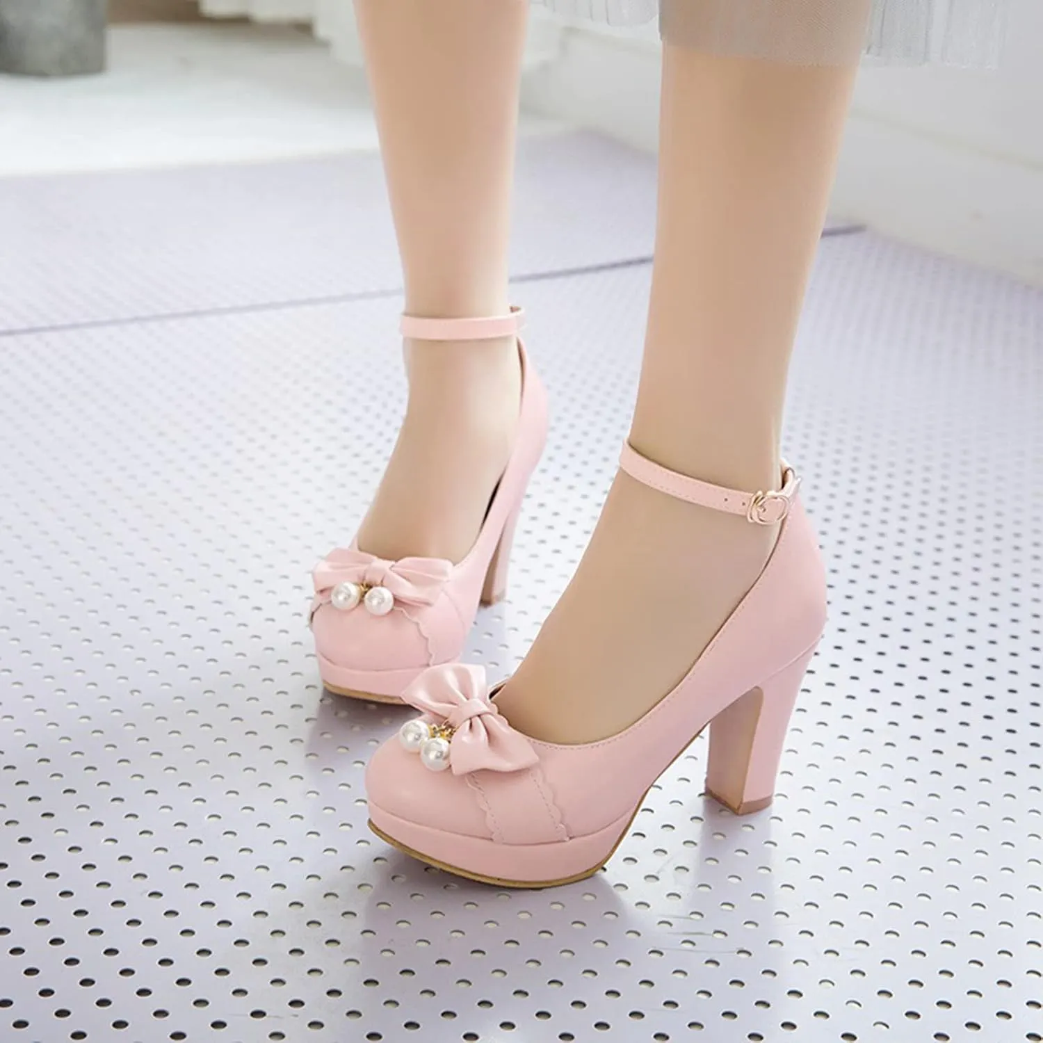 Women Fashion Round Toe Pumps Platform High Heels Ankle Buckle Strap Chunky Heeled Bow Dress Shoes