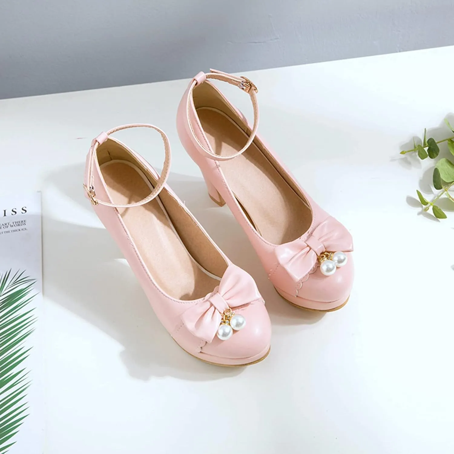 Women Fashion Round Toe Pumps Platform High Heels Ankle Buckle Strap Chunky Heeled Bow Dress Shoes