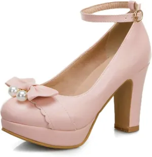 Women Fashion Round Toe Pumps Platform High Heels Ankle Buckle Strap Chunky Heeled Bow Dress Shoes