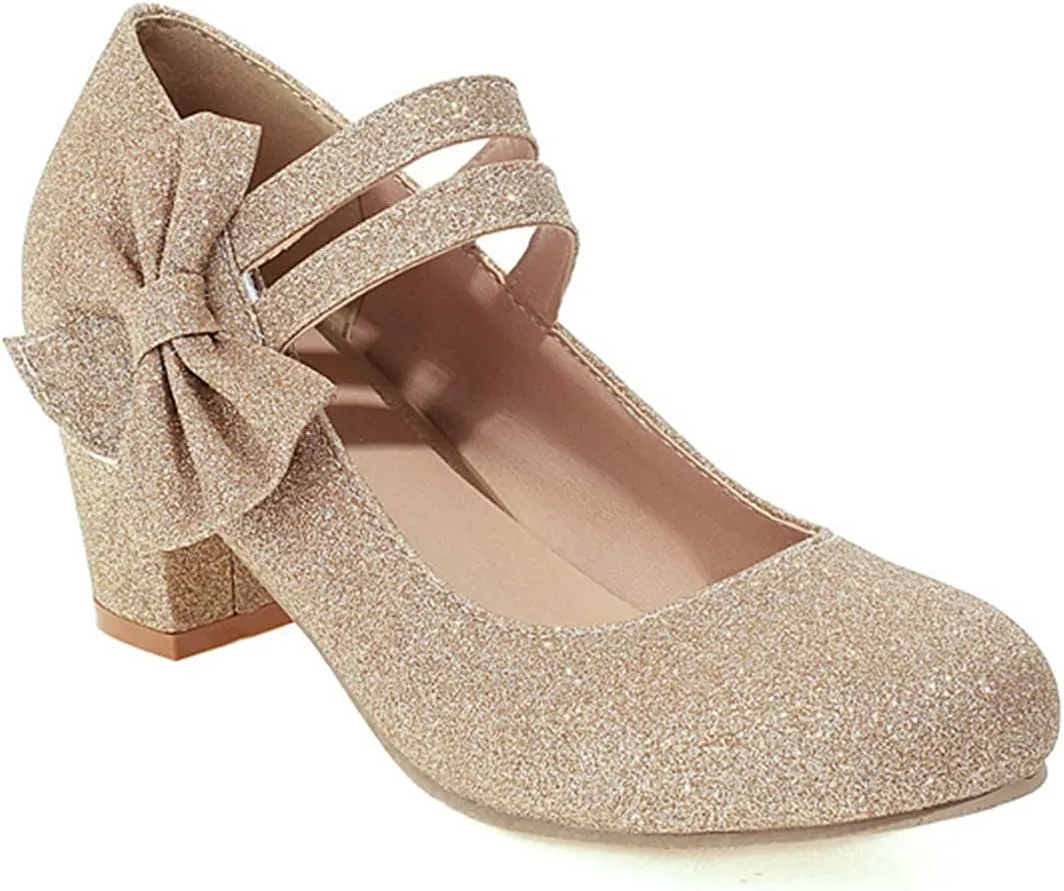 Women Glitter Sequin Mary Jane Pumps Sweet Bow Round Toe Fashion Ankle Strap Chunky Heel Dress Shoes