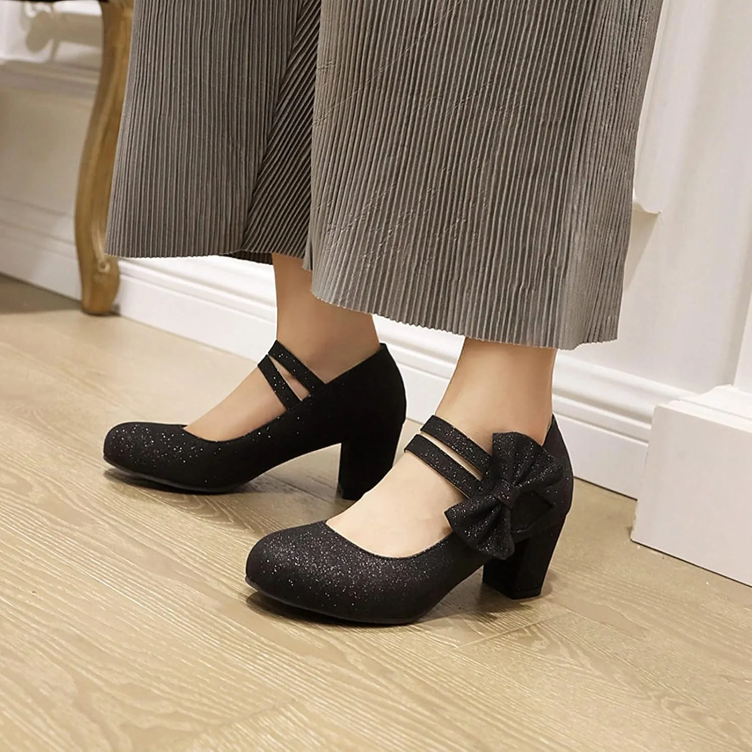 Women Glitter Sequin Mary Jane Pumps Sweet Bow Round Toe Fashion Ankle Strap Chunky Heel Dress Shoes