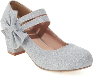 Women Glitter Sequin Mary Jane Pumps Sweet Bow Round Toe Fashion Ankle Strap Chunky Heel Dress Shoes
